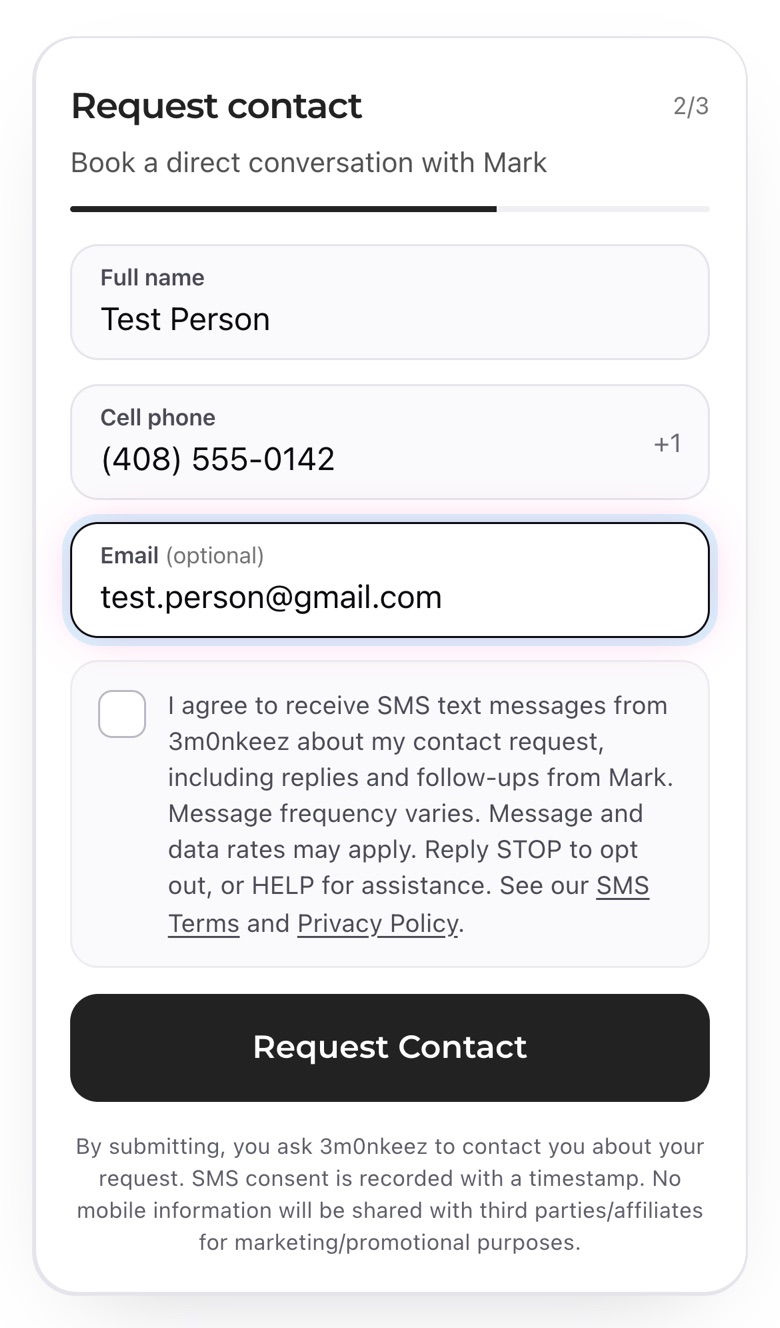 3m0nkeez contact form with the SMS consent box unchecked (test details)